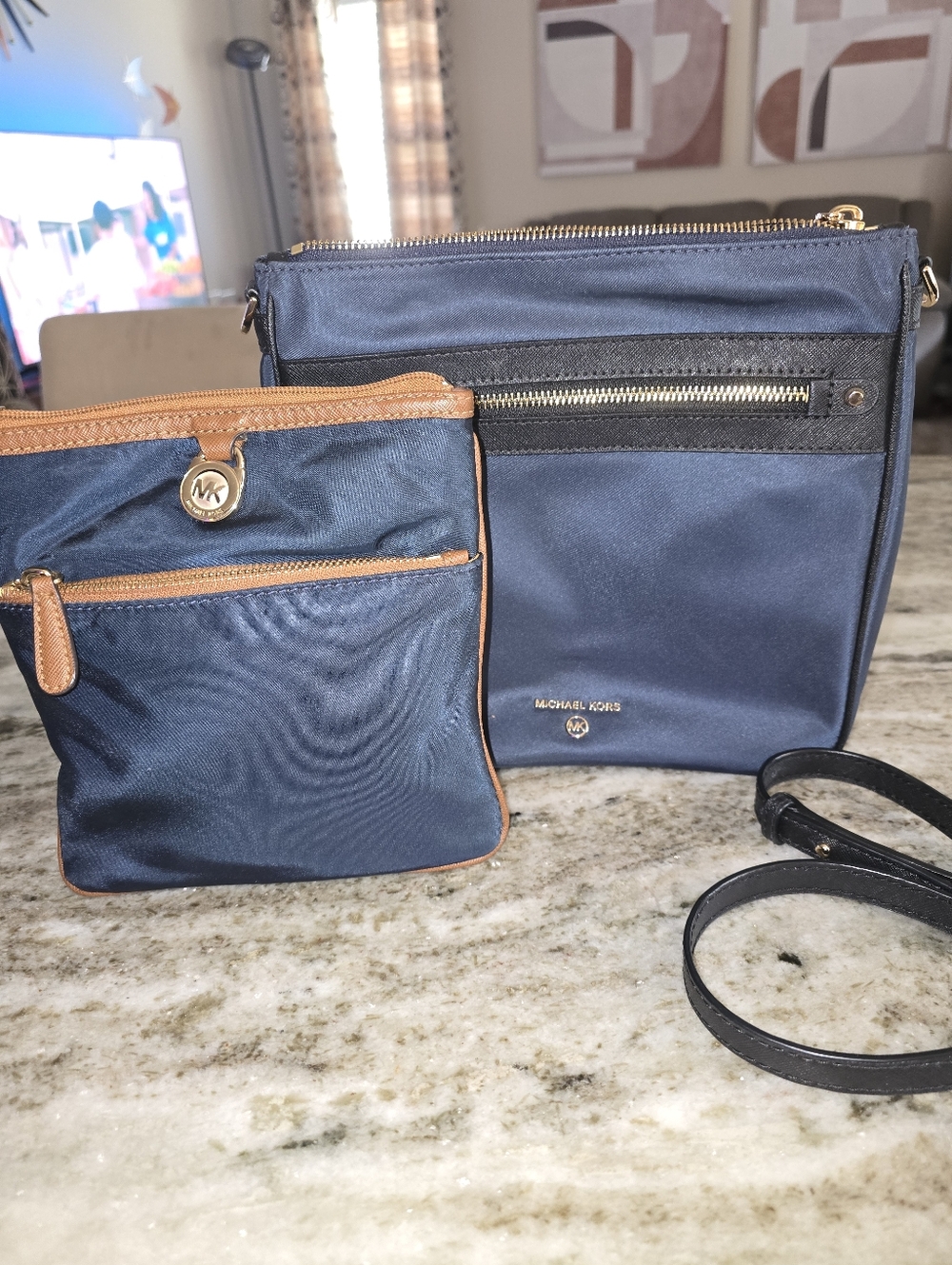 Lot Of 2 Michael Kors Navy Crossbody Duo with Tan Trim and Gold Hardware.